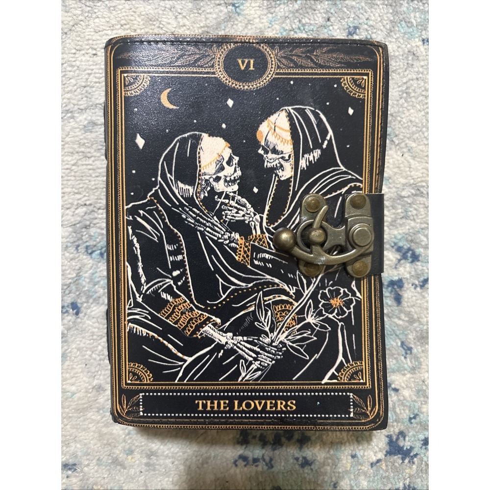 Book of Spells Leather Journal Deckle Paper Grimoire The Lovers Tarot Skull EUC - Picture 1 of 6
